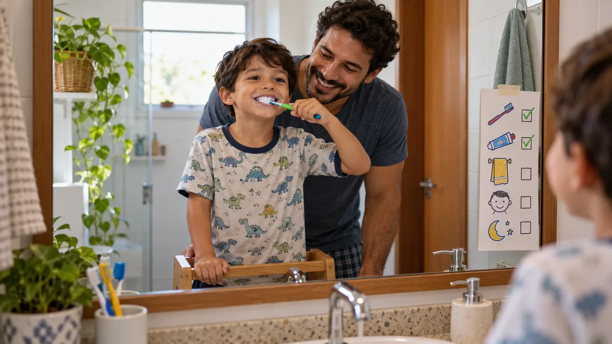 criança autista escovando os dentes num banquinho do banheiro enquanto o pai acompanha pelo espelho, aplicando ABA em casa