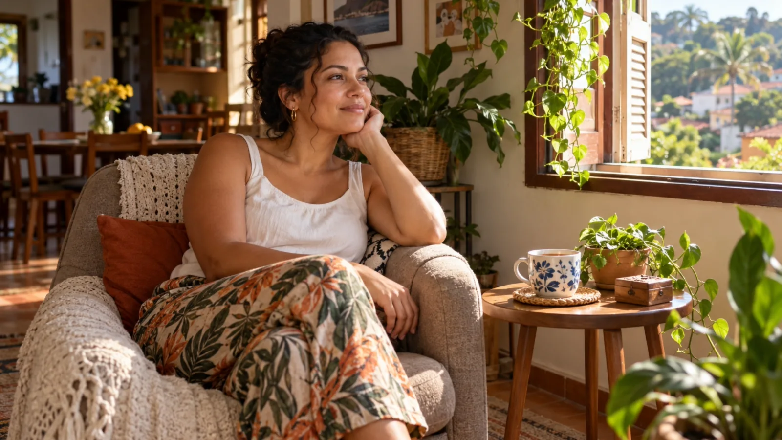 Mulher fazendo uma pausa junto à janela em casa, imagem ilustrativa sobre ansiedade em mães de autistas