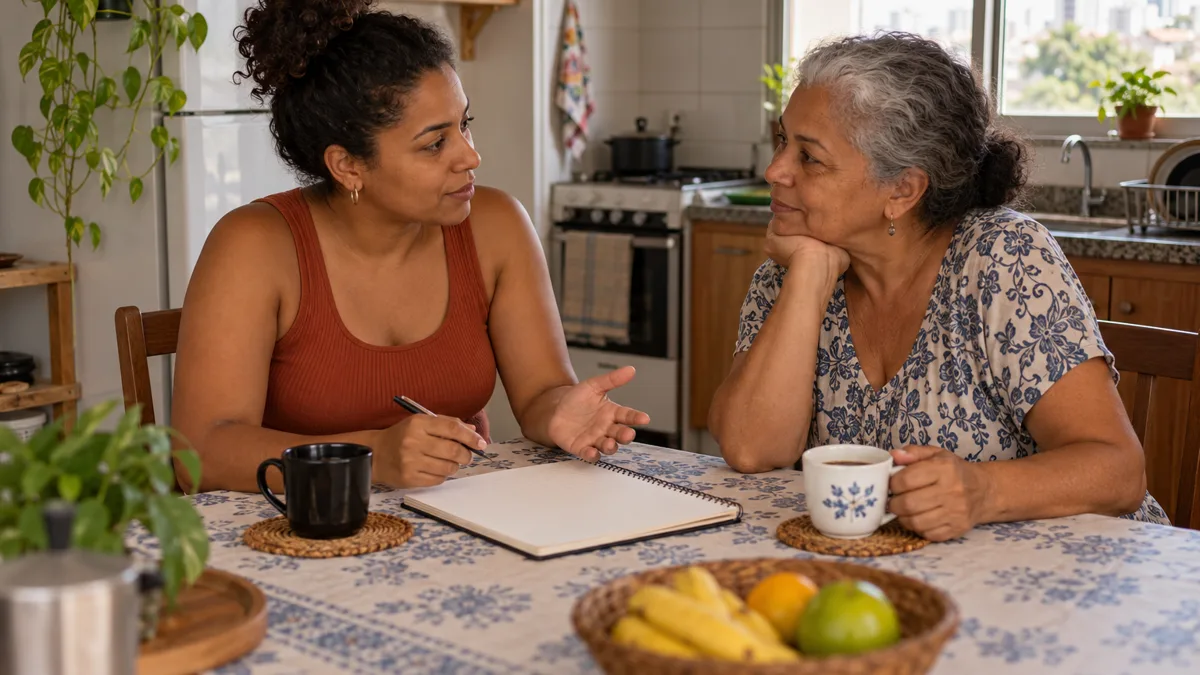 Duas mulheres conversando à mesa da cozinha, com um caderno aberto e xícaras