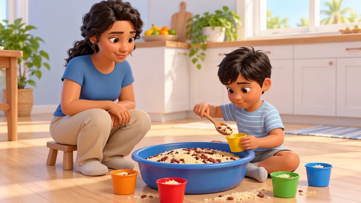 ilustração de menino brincando com uma bacia de grãos e potinhos no chão da cozinha enquanto a mãe observa, atividade sensorial para autista