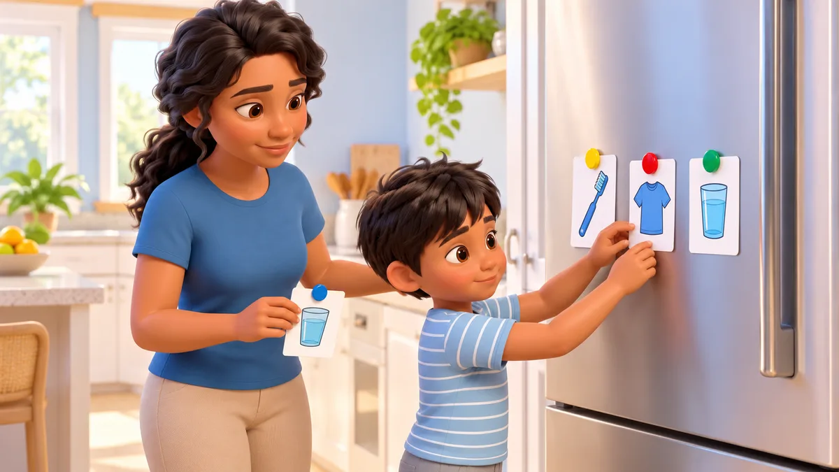 ilustração de mãe e filho prendendo figuras de rotina na porta da geladeira, atividade de autonomia para criança autista