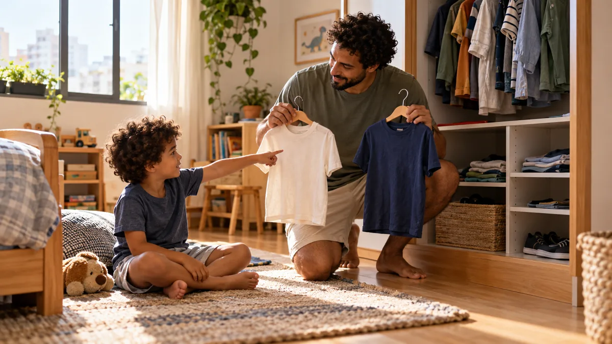 Pai oferecendo duas camisetas para a criança escolher em casa