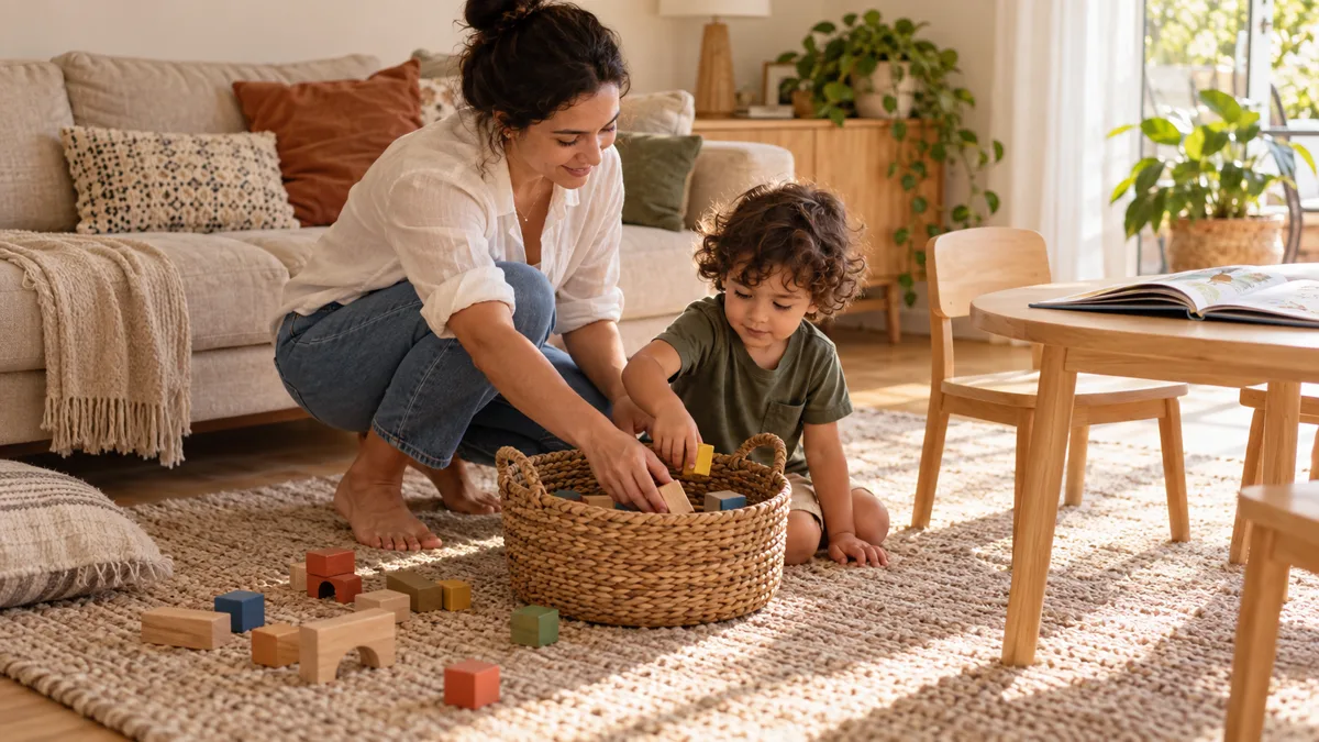 Mãe e criança guardando blocos de madeira antes da próxima atividade