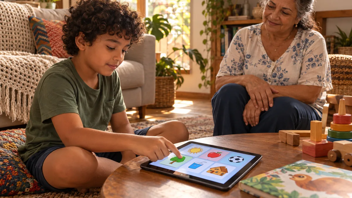 Criança seleciona um símbolo no tablet enquanto a avó acompanha a atividade em casa.