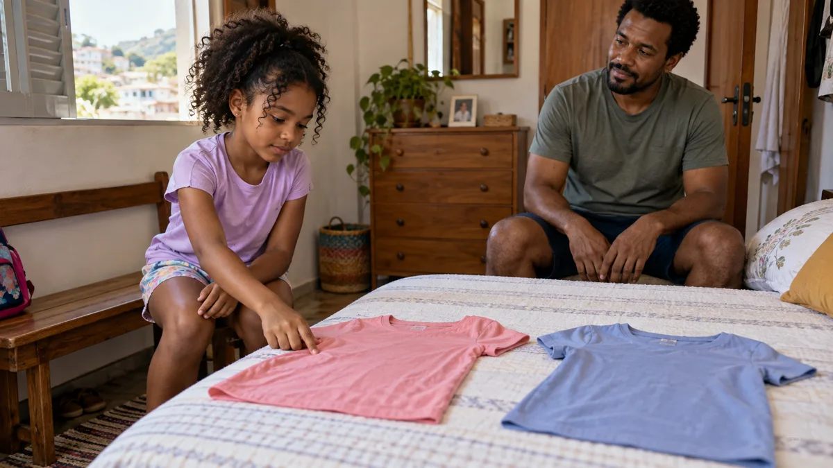 Criança aponta para uma entre duas camisetas enquanto um adulto aguarda no quarto.