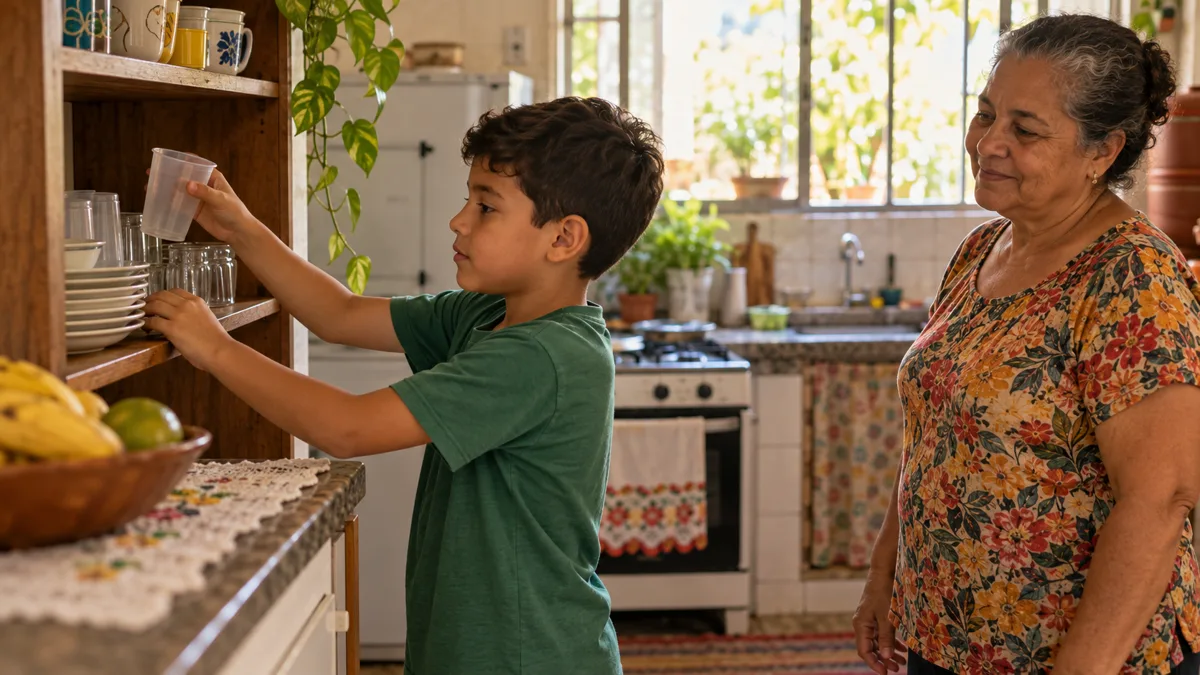 Criança coloca um copo plástico numa prateleira enquanto uma adulta acompanha na cozinha.