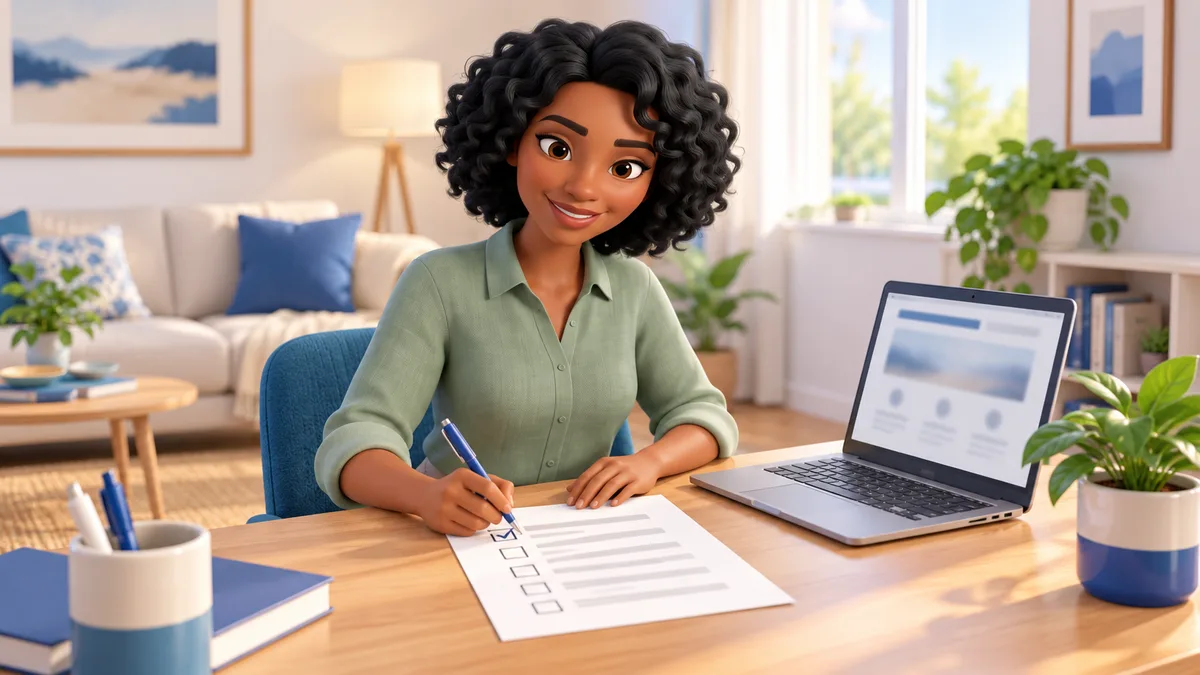 orientadora marcando um checklist de verificação de credenciais ao lado do notebook