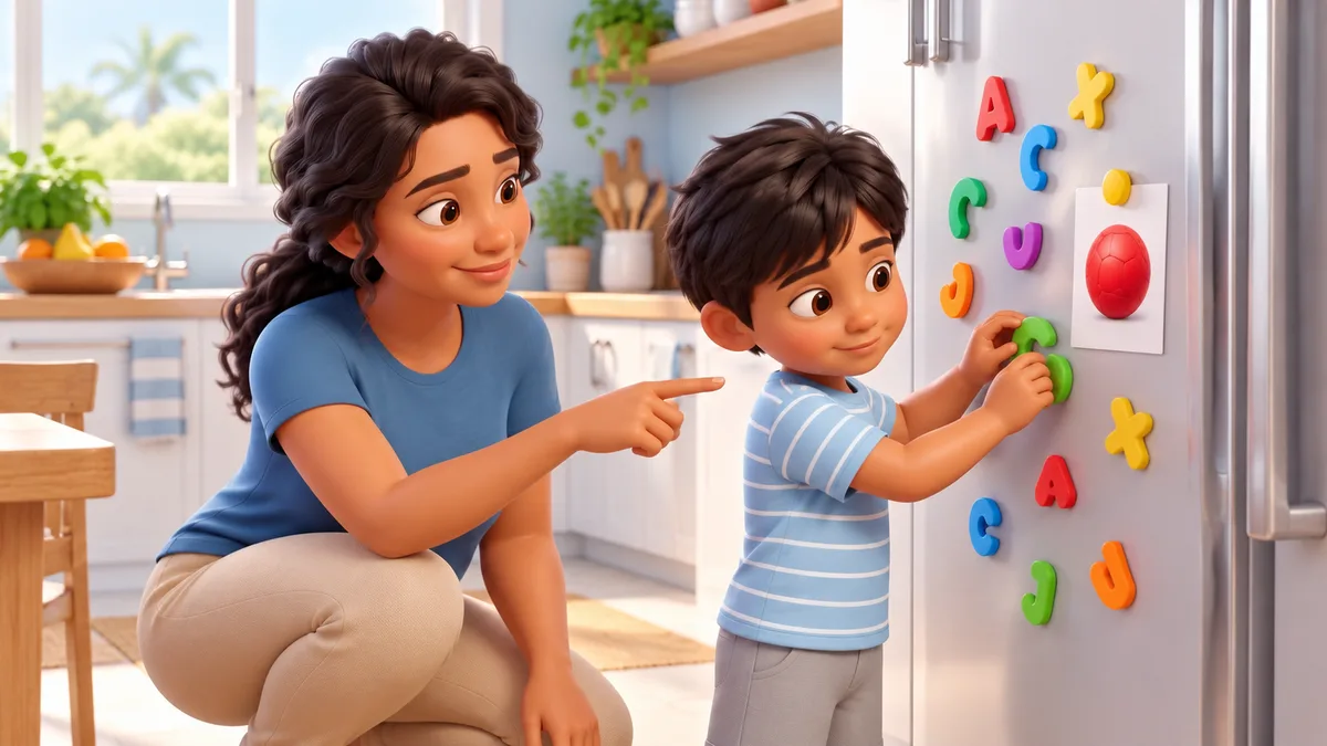 ilustração de menino montando uma palavra com letras coloridas de ímã na porta da geladeira enquanto a mãe aponta para a figura, atividade para ensinar criança autista a ler