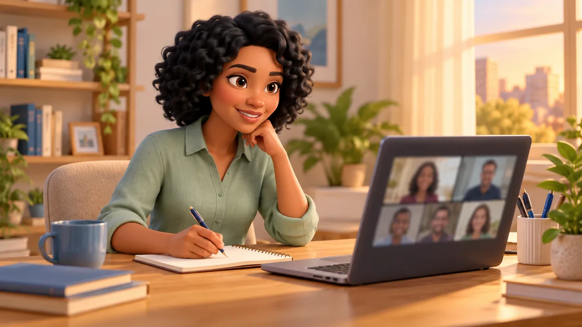 orientadora anotando registros de uma videochamada de supervisão em grupo, no notebook, em uma mesa de casa