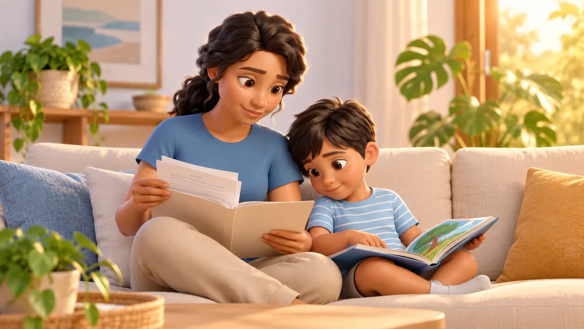 mãe e filho juntos no sofá, a mãe lendo uma pasta de papéis da avaliação com o menino apoiado nela