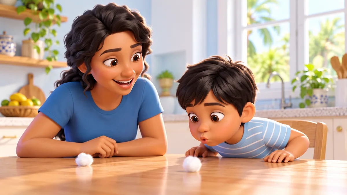 ilustração de menino soprando uma bolinha de algodão na mesa da cozinha enquanto a mãe se diverte ao lado, brincadeira para ensinar a assoar o nariz