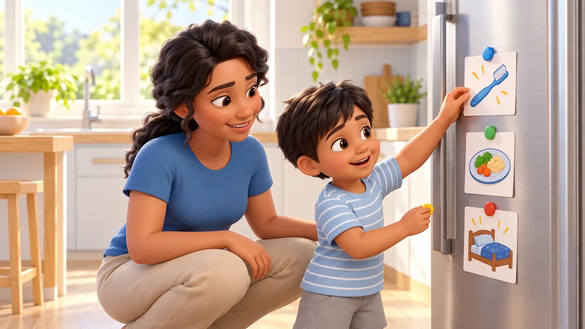 mãe e filho prendendo cartões ilustrados de rotina na porta da geladeira, uma das orientações do guia para conselheiros tutelares às famílias