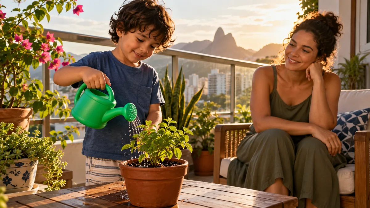 Criança rega uma planta na varanda com uma cuidadora por perto