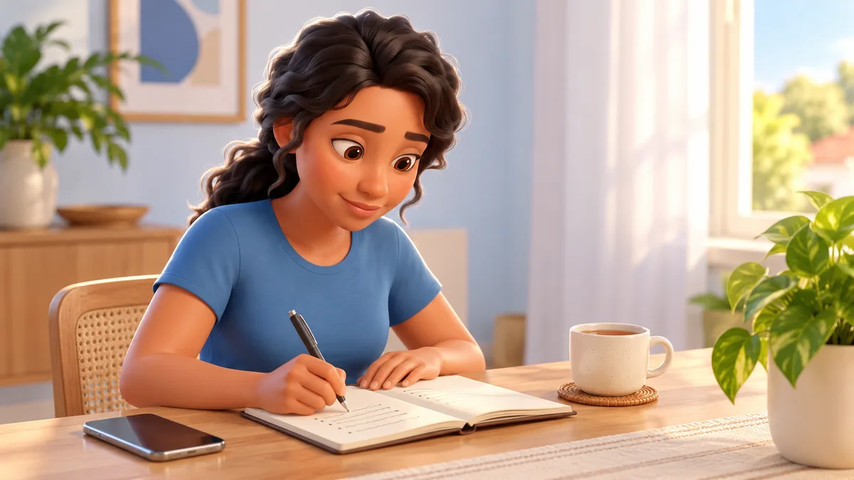 mãe em casa anotando num caderno as dúvidas para levar à próxima consulta, com o celular ao lado