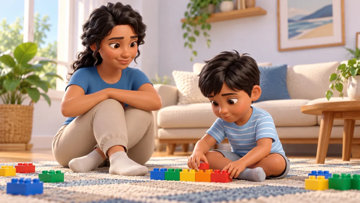 menino brincando com blocos de encaixe coloridos no tapete enquanto a mãe acompanha sentada ao lado