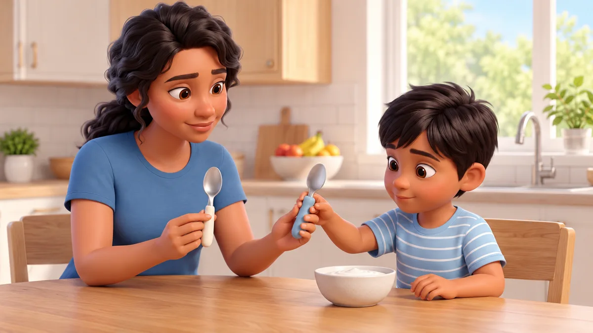 Menino escolhe uma colher de cabo adaptado para o lanche, com a mãe ao lado.
