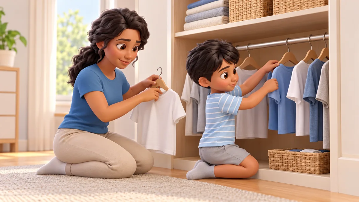Mãe e menino organizam cabides em um armário de altura acessível.