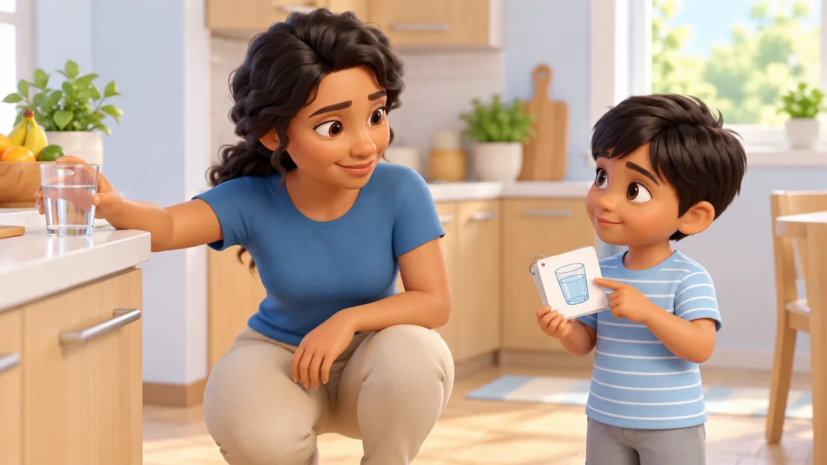 ilustração de menino apontando para uma figura de copo de água num cartão enquanto a mãe, agachada, responde, comunicação alternativa para criança autista que grita muito
