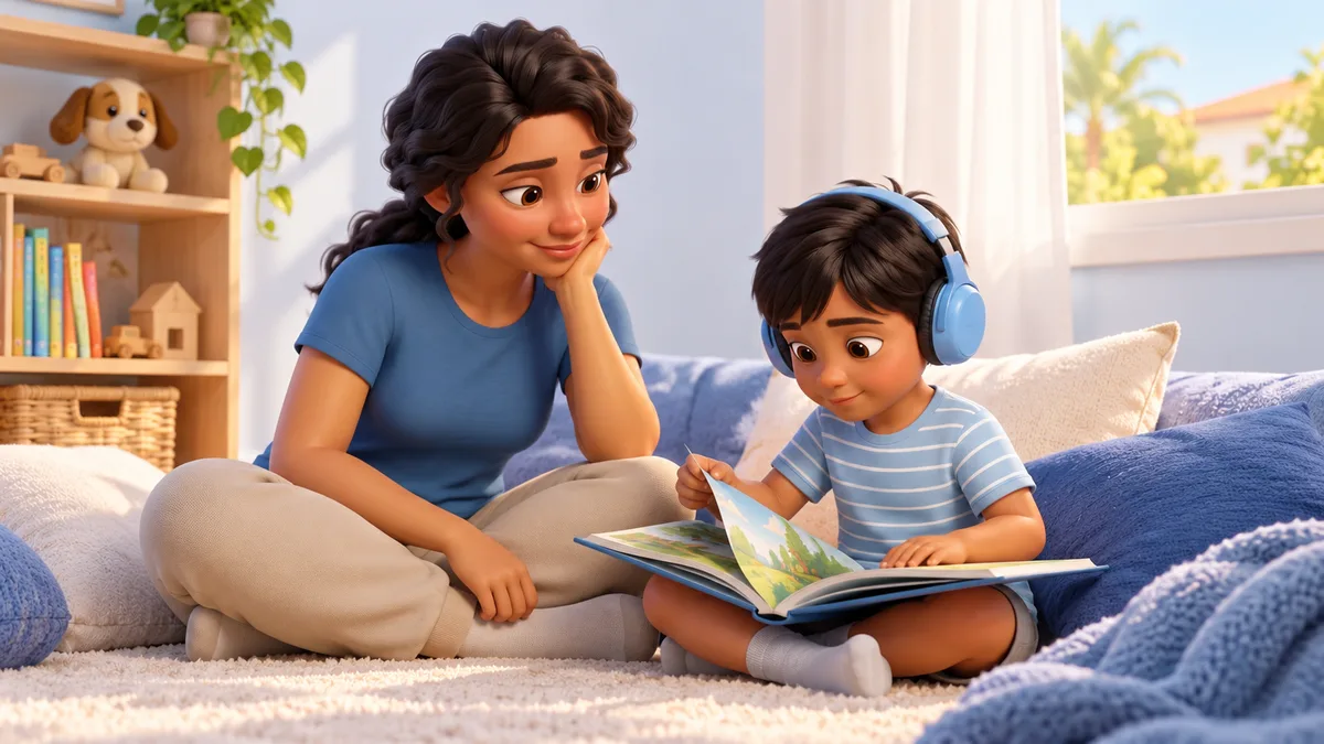 ilustração de mãe e filho sentados juntos em almofadas num canto tranquilo do quarto, ele de abafador de ouvido folheando um livro, depois de um momento de grito