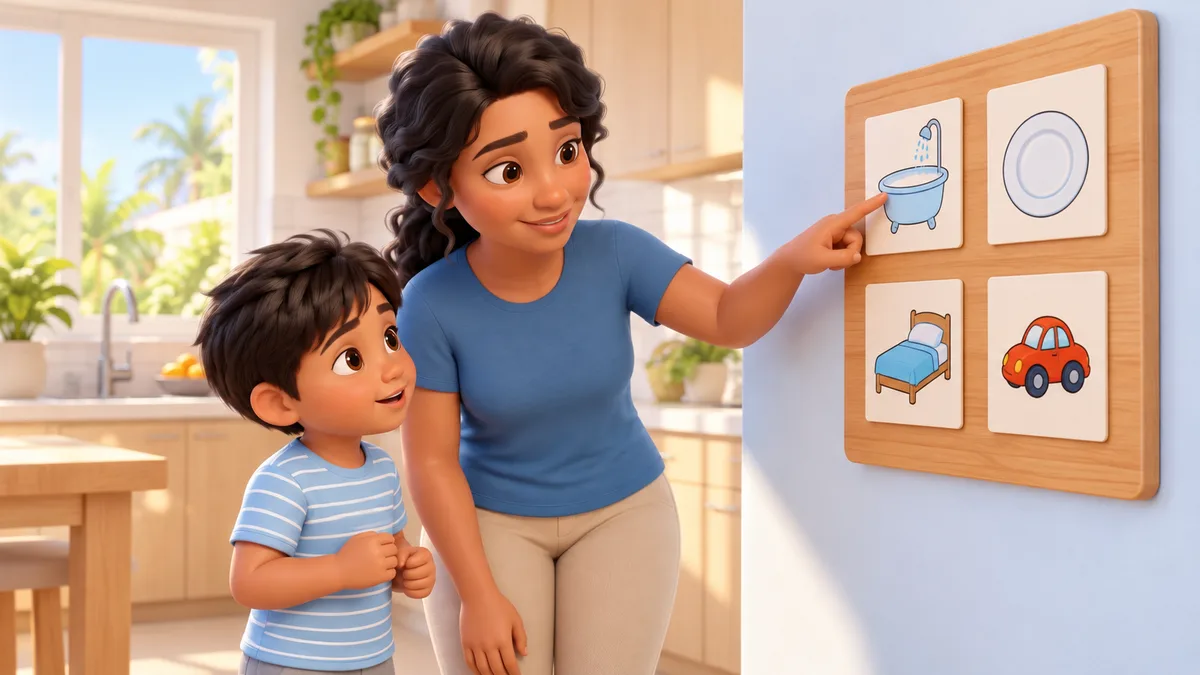 ilustração de mãe mostrando ao filho um quadro de rotina com figuras na parede da cozinha, apoio visual para criança autista que não obedece