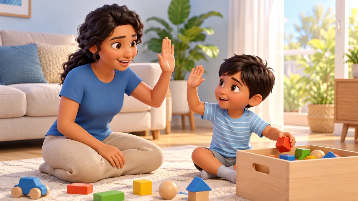 ilustração de menino guardando brinquedos numa caixa enquanto a mãe, ajoelhada ao lado, comemora com um toca aqui