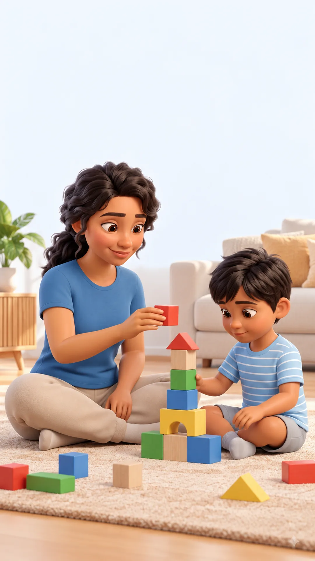 ilustração de mãe e filho no tapete da sala montando uma torre de blocos coloridos