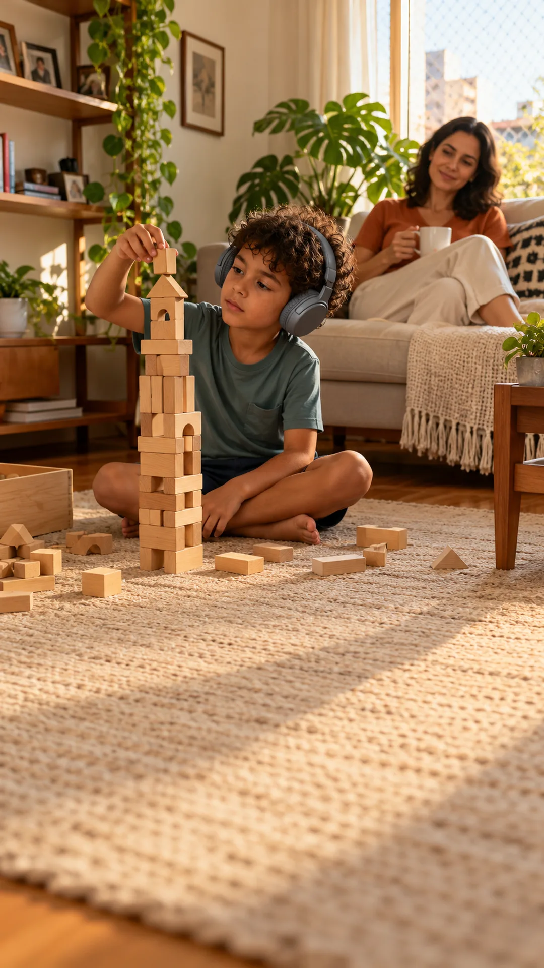 menino com fone abafador montando uma torre de blocos na sala, com a mãe no sofá ao fundo