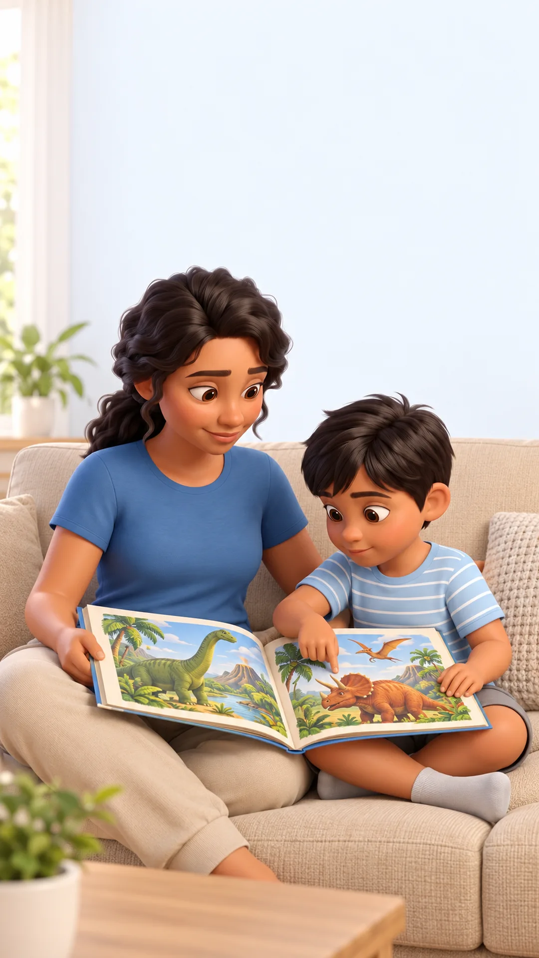 ilustração de mãe e filho sentados no sofá lendo juntos um livro ilustrado
