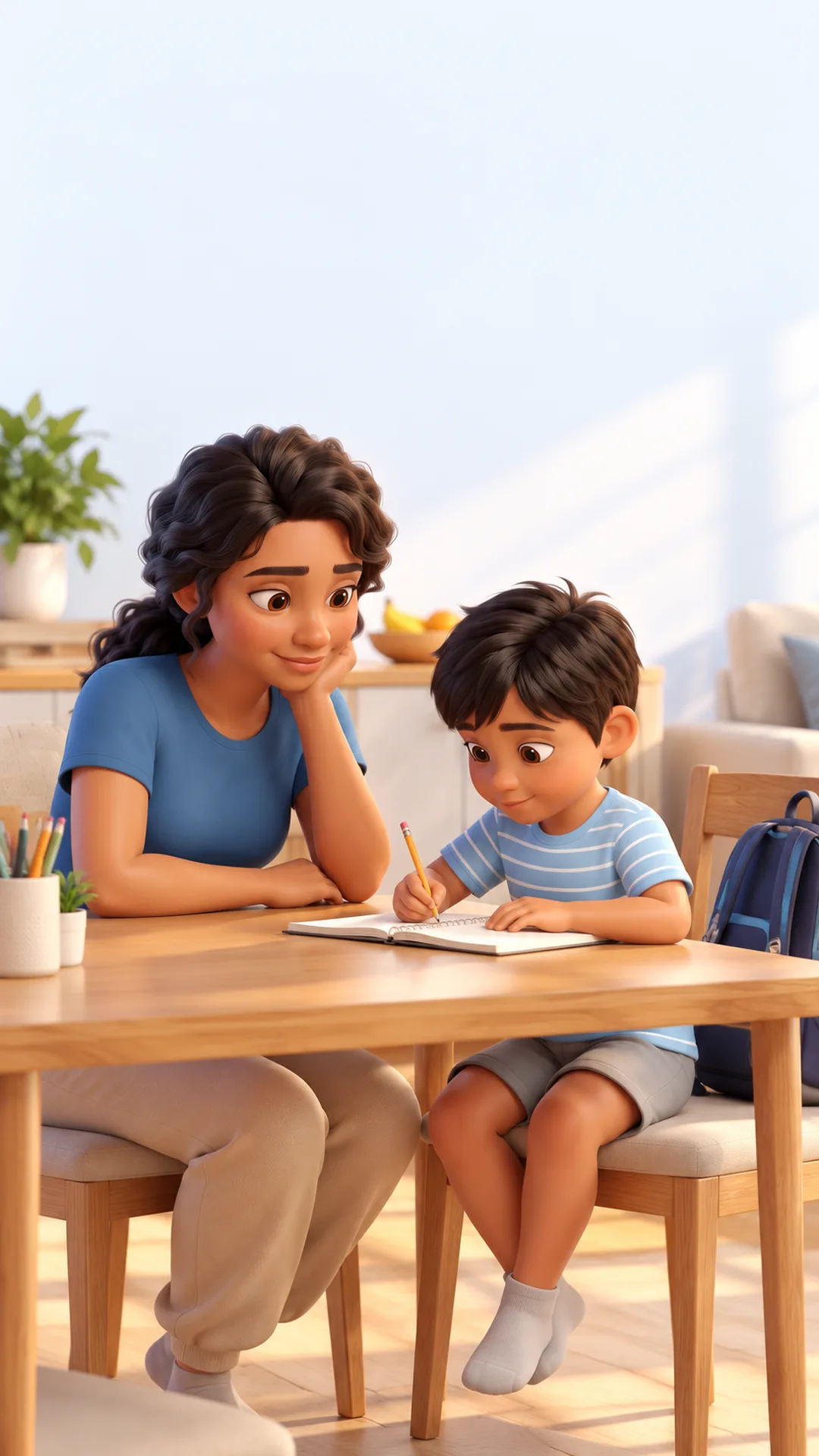 ilustração de mãe conversando com calma com o filho à mesa da cozinha depois da escola