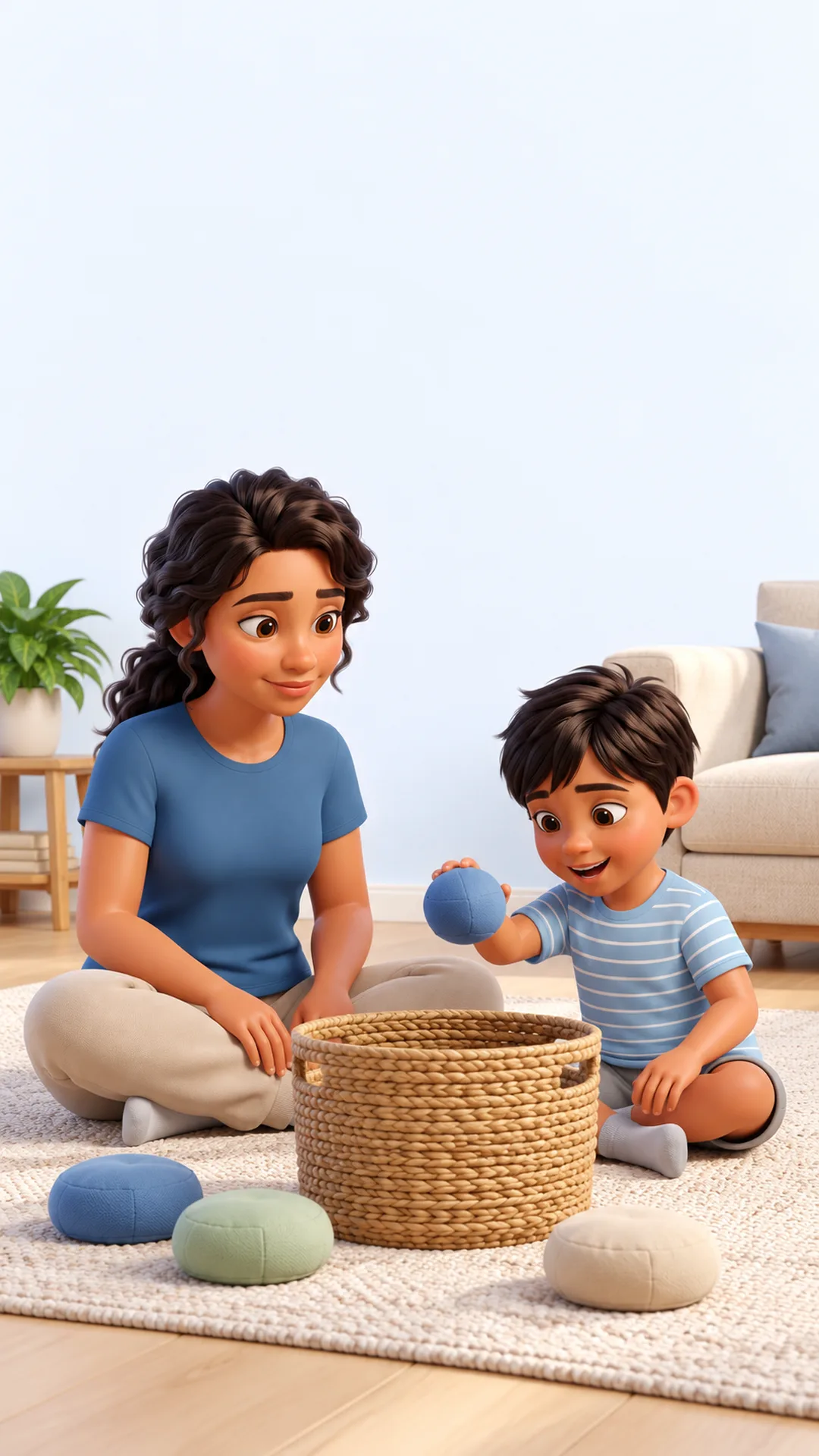 ilustração de menino segurando uma bola macia para jogar num cesto, com a mãe sentada ao lado no tapete