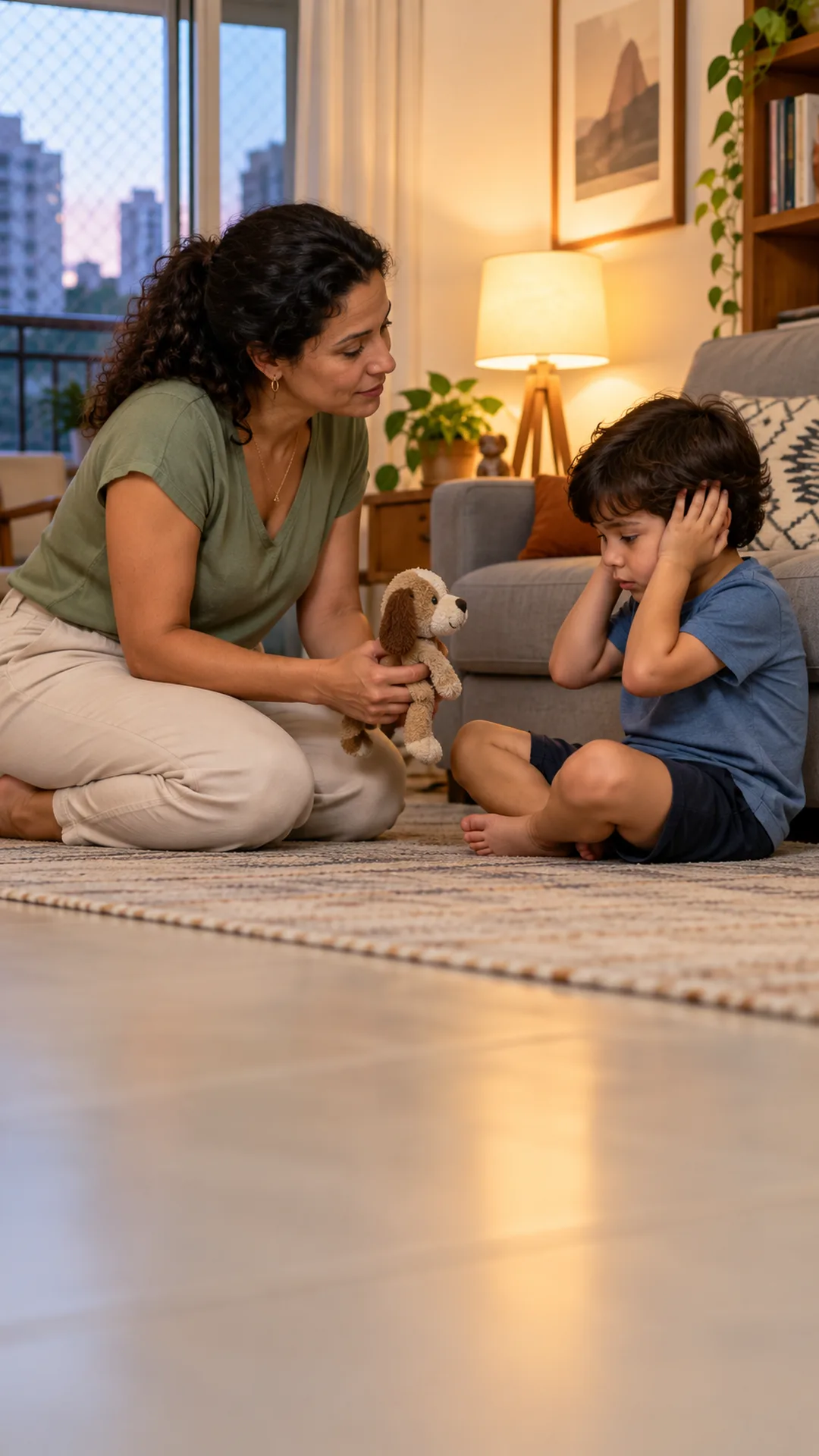 mãe ajoelhada ao lado do filho que tapa os ouvidos no chão da sala, oferecendo um brinquedo macio