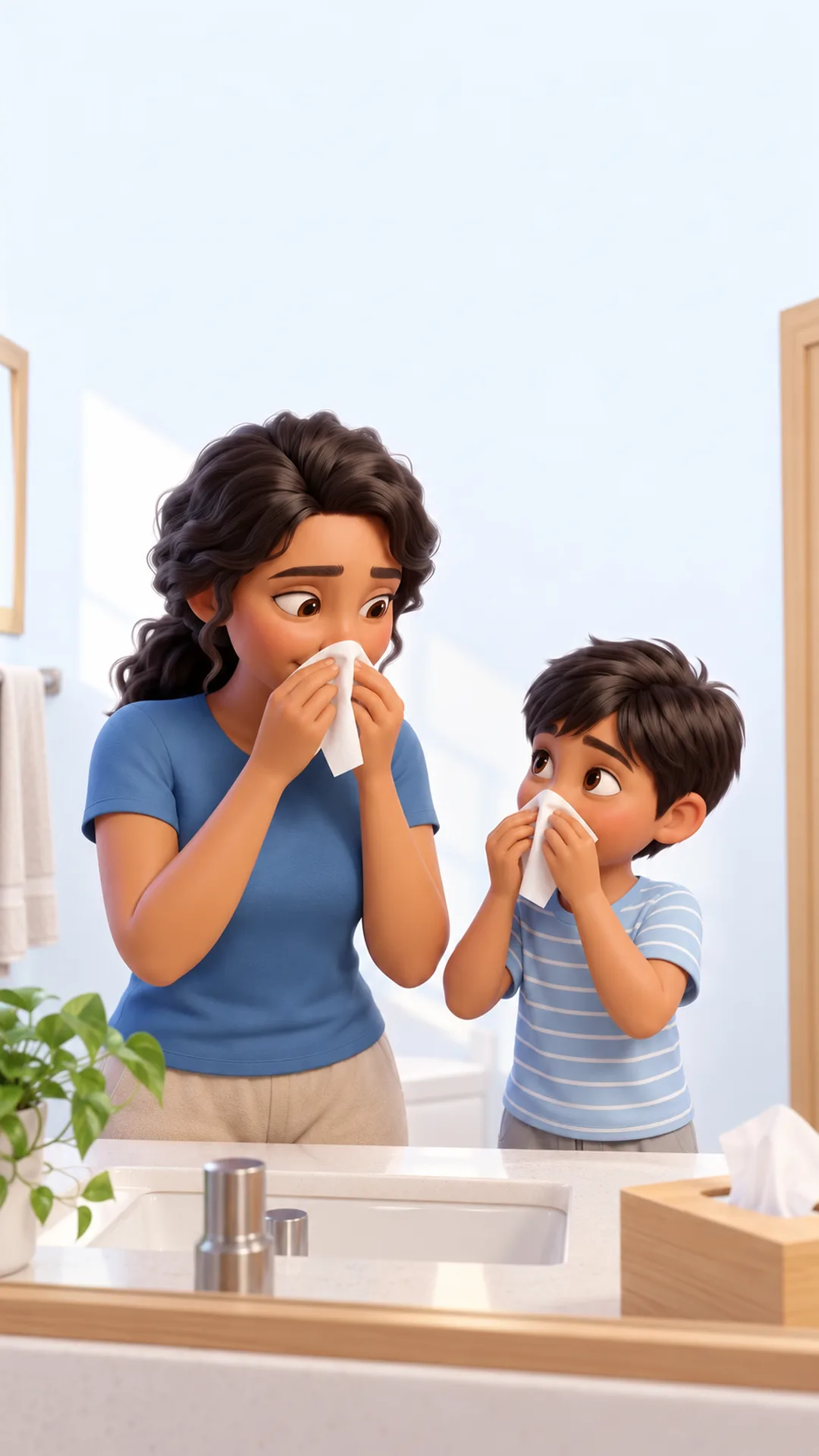 ilustração de mãe e filho em frente ao espelho do banheiro segurando lenços de papel