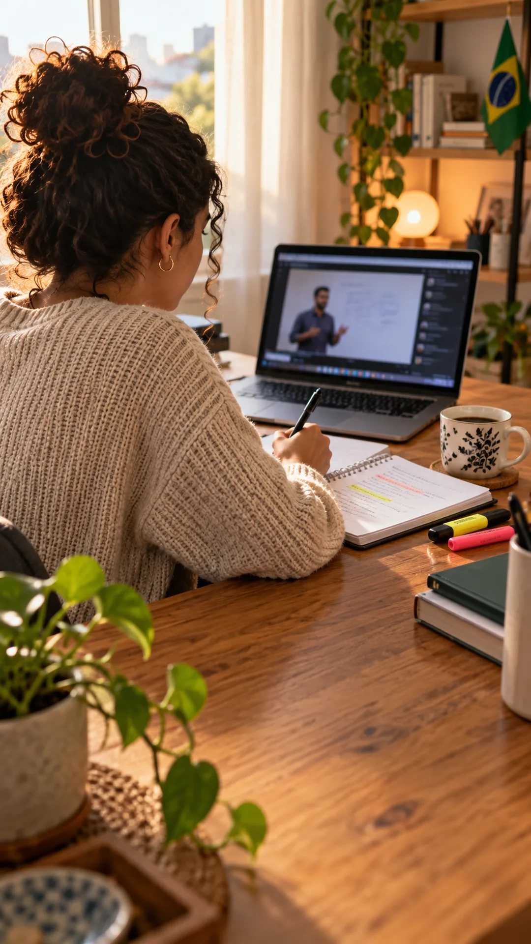 mulher estudando um curso online de ABA no notebook, com caderno de anotações ao lado
